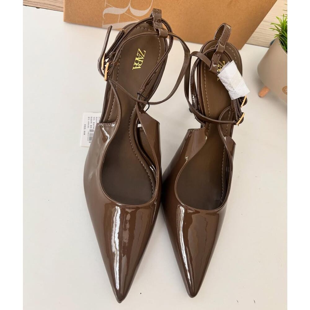Zara Khaki Patent Slingback Stiletto Heels Pointed Toe NWT - Picture 13 of 16